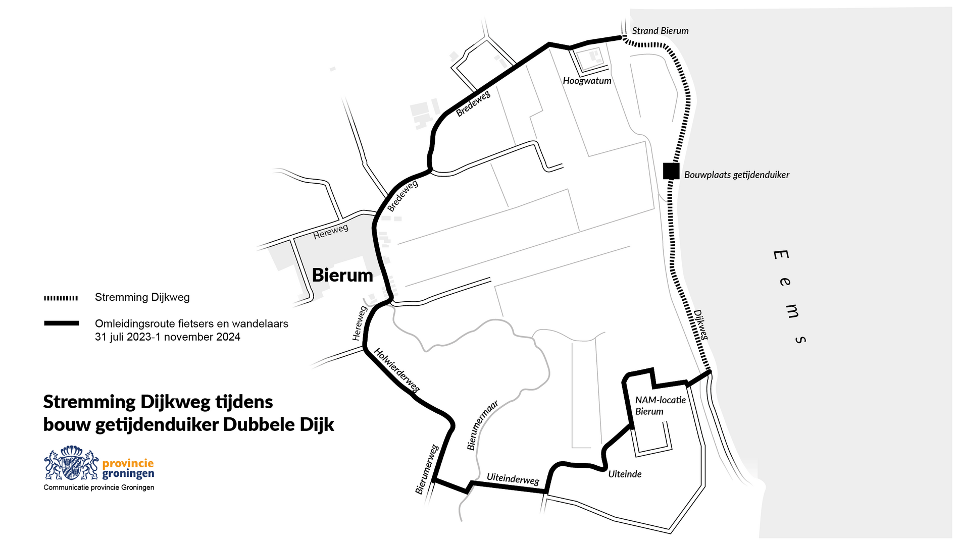 Kaartje met een omleiding voor fietsers en wandelaars Dijkweg in Bierum