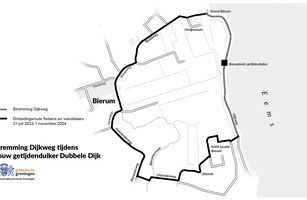 Kaartje met een omleiding voor fietsers en wandelaars Dijkweg in Bierum