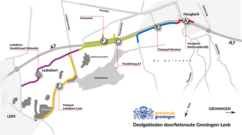 Kaart Doorfietsroute Groningen Leek met deelgebieden
