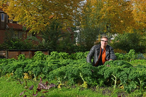 Man in moestuin