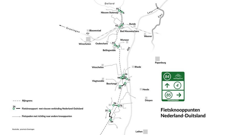 Kaart fietsknooppunten Groningen Duitsland