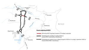 Kaart van de omgeving van het onderhoud. Met daarop de stremming van de N992 vanaf de rotonde ten zuiden van Farmsum tot en met de T-splitsing met de Kloosterlaan, de weg richting industrieterrein Oosterhorn.