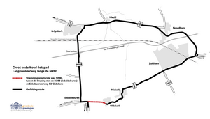De provinciale weg is dicht tussen de kruising met de N388 bij Sebaldeburen en de Eekebuursterweg 53 in Oldekerk. Doorgaand verkeer kan tijdens de stremming omrijden via Grijpskerk (N388) en Noordhorn (N355).