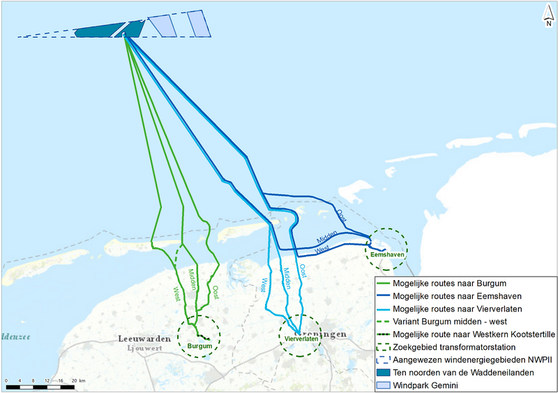 Kaart van de netwerkverbinding van windmolens op zee naar land