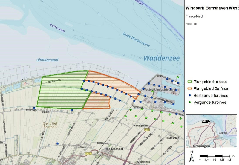 Kaart met daarop het plangebied voor windmolens in Eemshaven West.