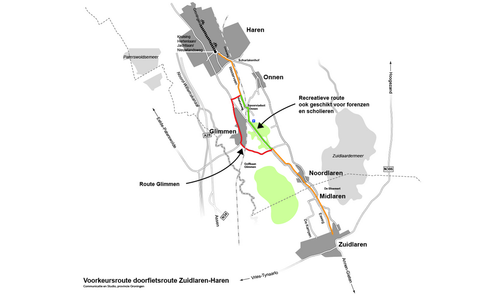 Het voorkeurstracé Doorfietsroute Zuidlaren-Haren